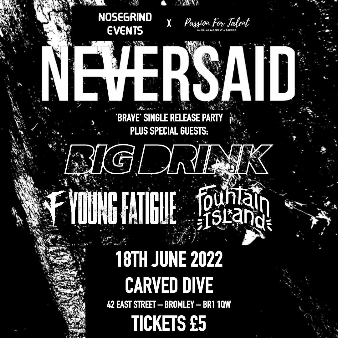 Flyer for the Neversaid / Big Drink / Young Fatigue / Fountain Island show