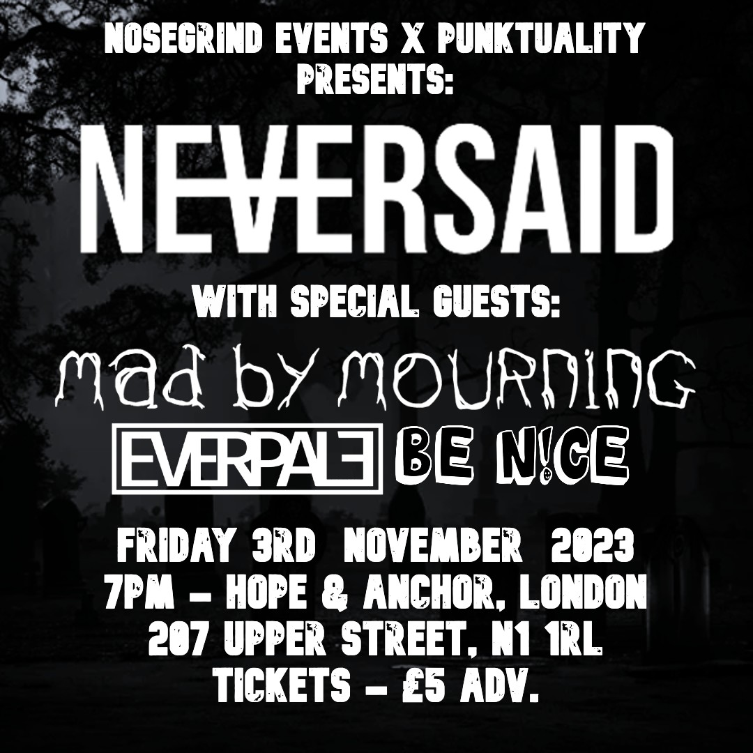 Flyer for the Neversaid / Mad By Mourning / Everpale / Be N!ce show