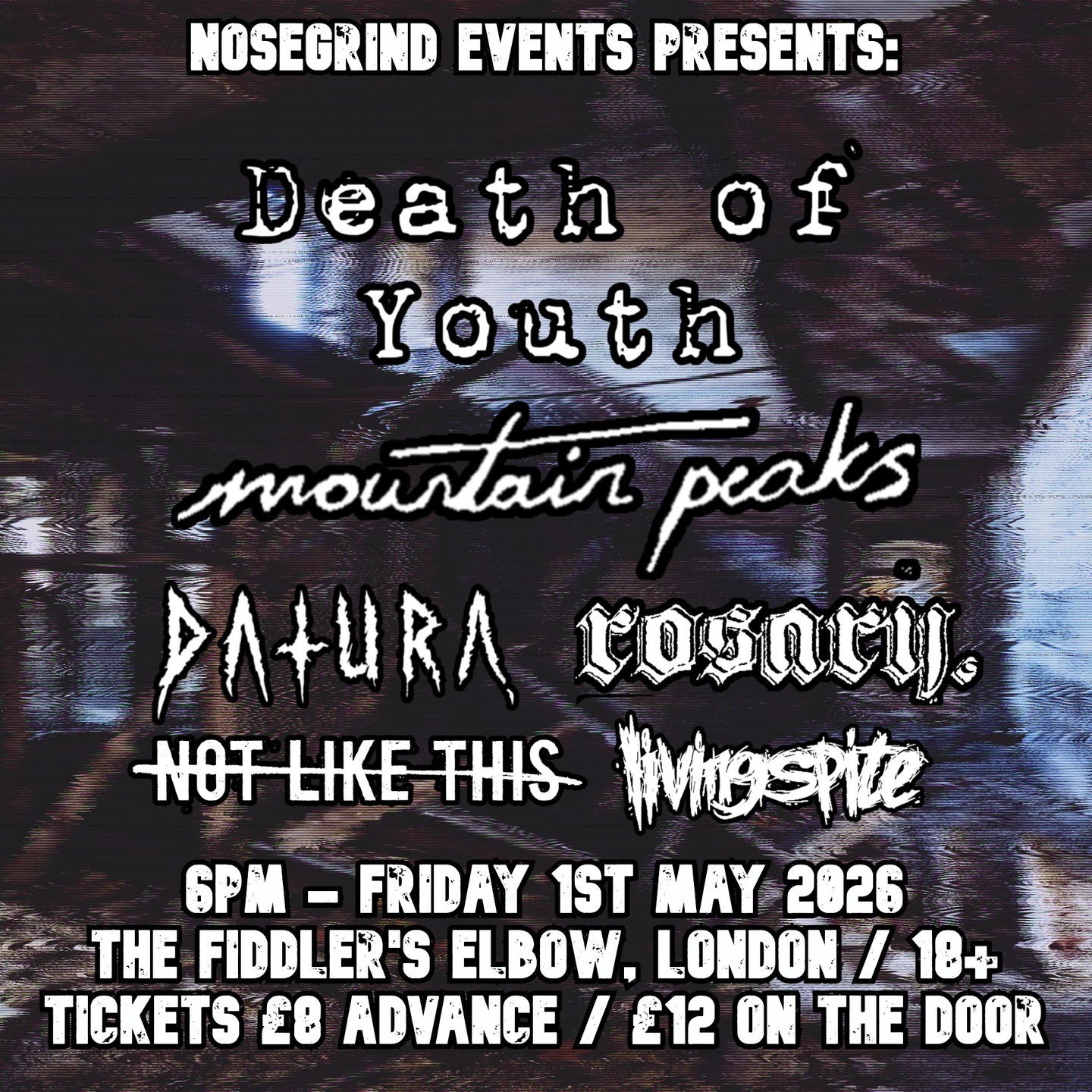 Flyer for the Death Of Youth / Mountain Peaks / Datura / rosary. / Not Like This / Living Spite show